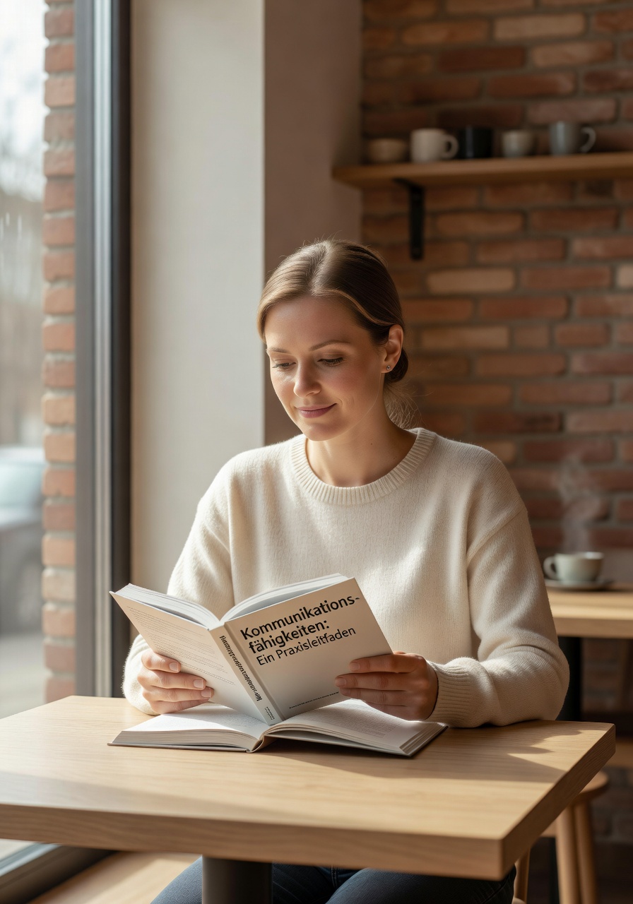 Frau liest Buch über Kommunikation im Café